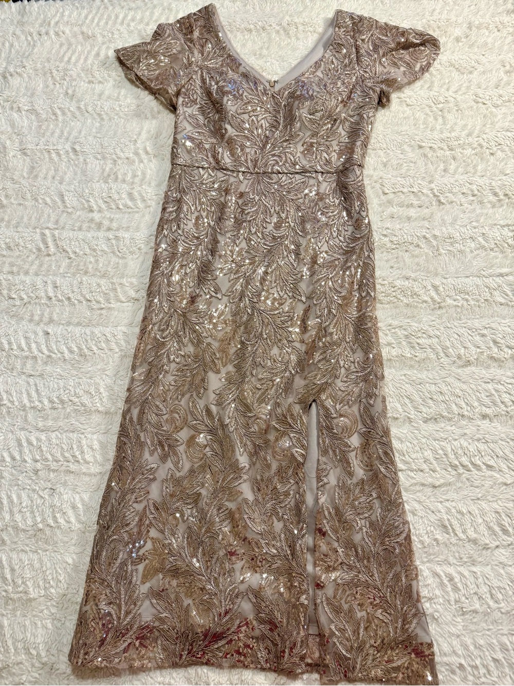 Alex Evenings Sequin Tulle Gown Taupe V-Neck Flutter Sleeve Formal Dress 8